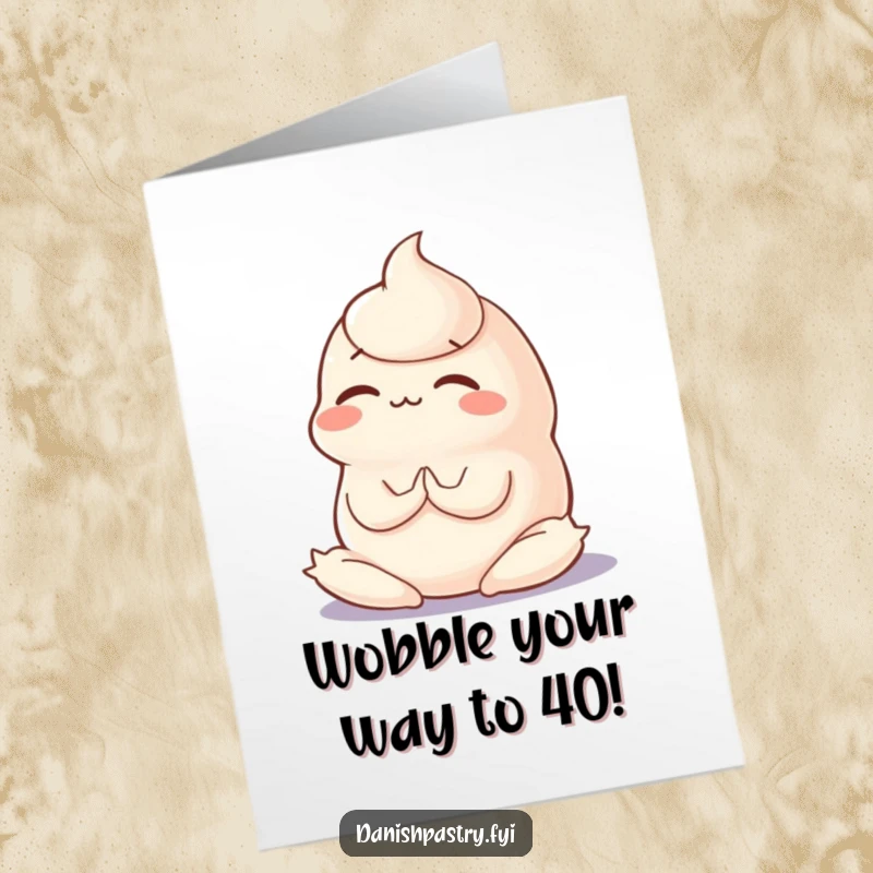 Funny Free Printable Birthday Card showing a wobbly panna cotta concentrating hard while attempting a silly yoga pose.