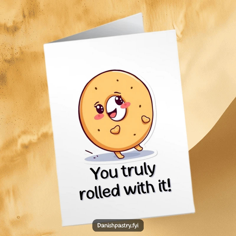 Funny Free Printable Congratulations Card: Smiling bagel character waddling determinedly uphill, celebrating the effort of success.