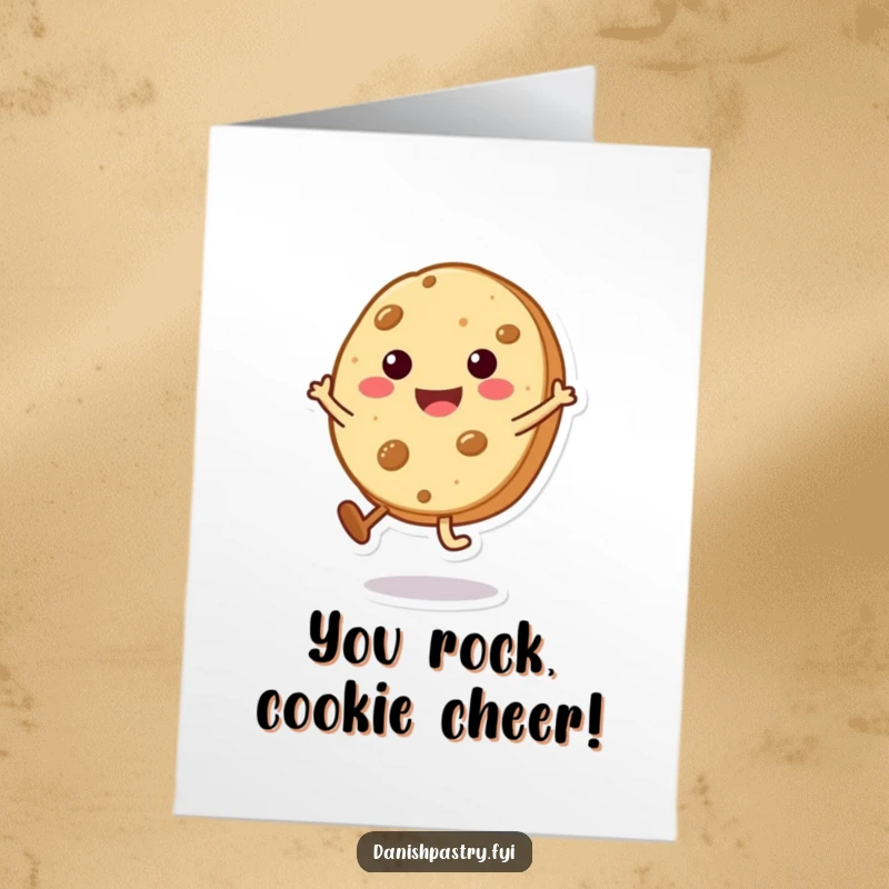 Funny free printable congratulations card with a beaming cookie character performing a cute, tiny cartwheel.