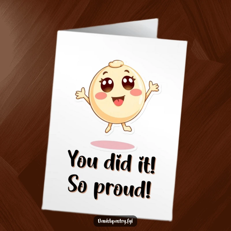 Funny Free Printable Congratulations Card showing a delighted pastry character mid-air, celebrating success with an energetic jump.