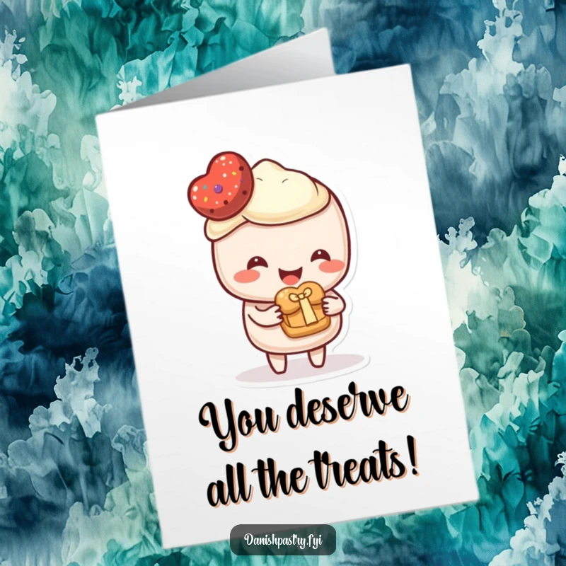 Funny Free Printable Congratulations Card depicting a cheerful pastry character offering a tiny, delicious-looking pastry as a congratulatory gift.