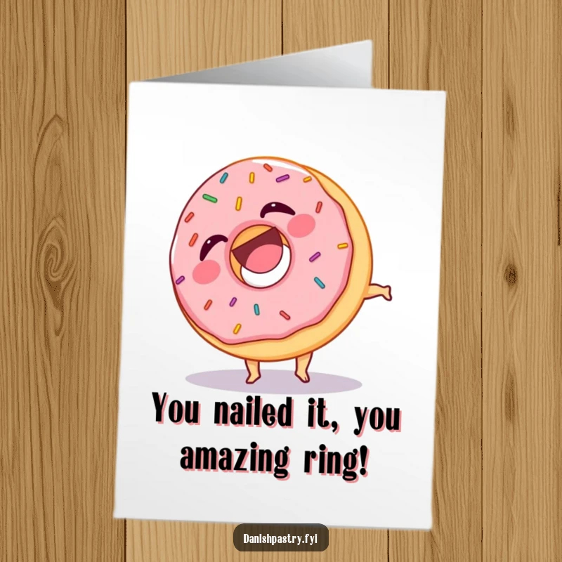 Free Printable Congratulations Card showing a happy donut with sprinkles doing a funny somersault, celebrating a big win.