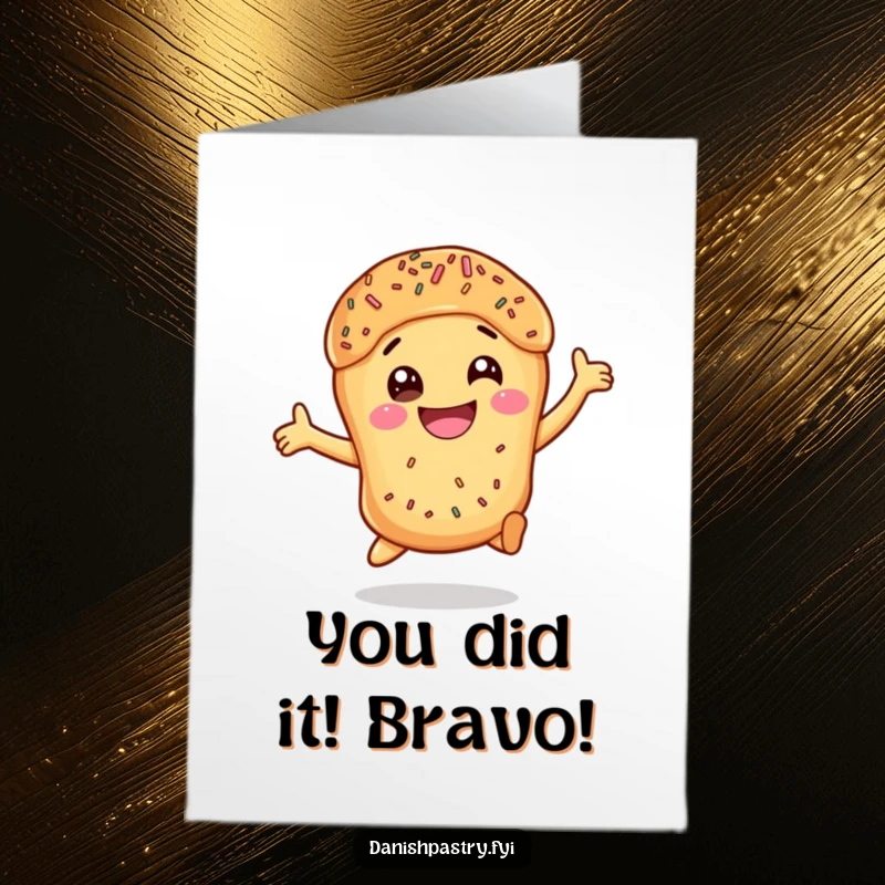 Free Printable Congratulations Card: A smiling Danish pastry with colorful sprinkles leaps high in celebration of good news.