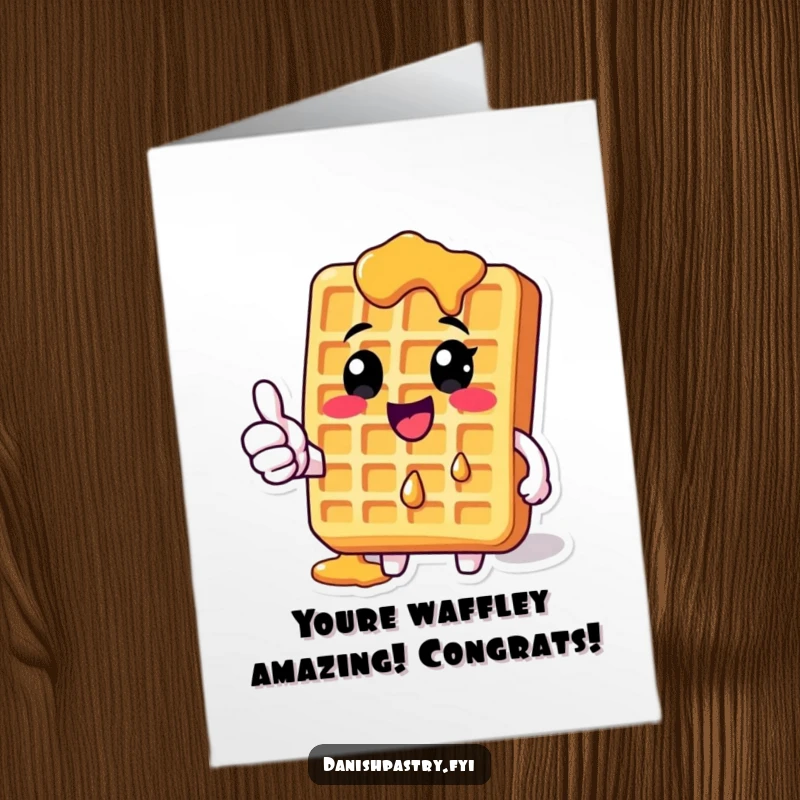 Funny Free Printable Congratulations Card: A happy Waffle with syrup, giving a cheerful thumbs-up.