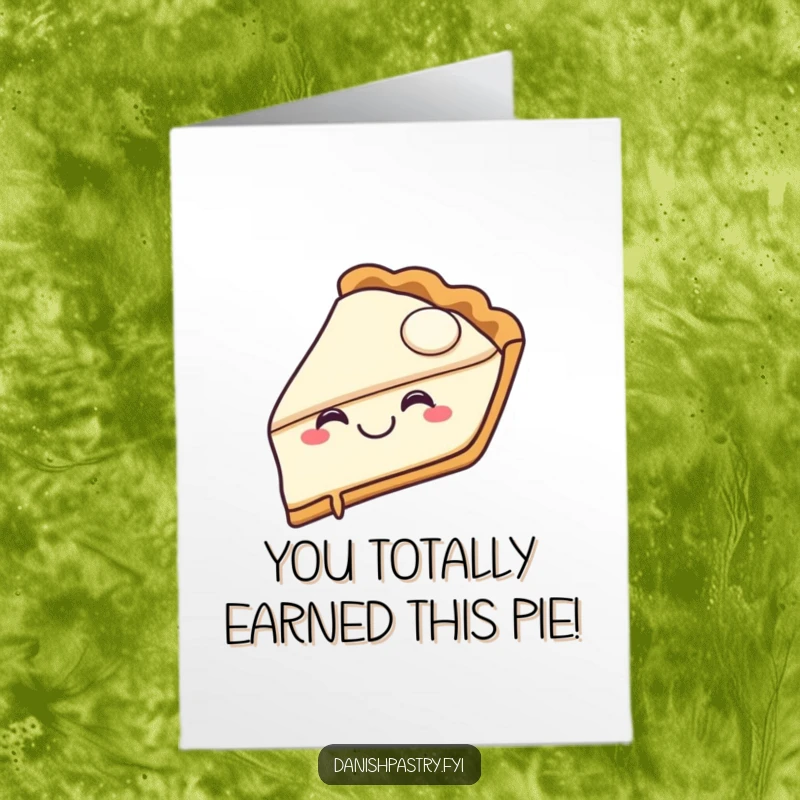 Funny free printable congratulations card of a joyful pie slice with a happy grin taking a bite, celebrating success.