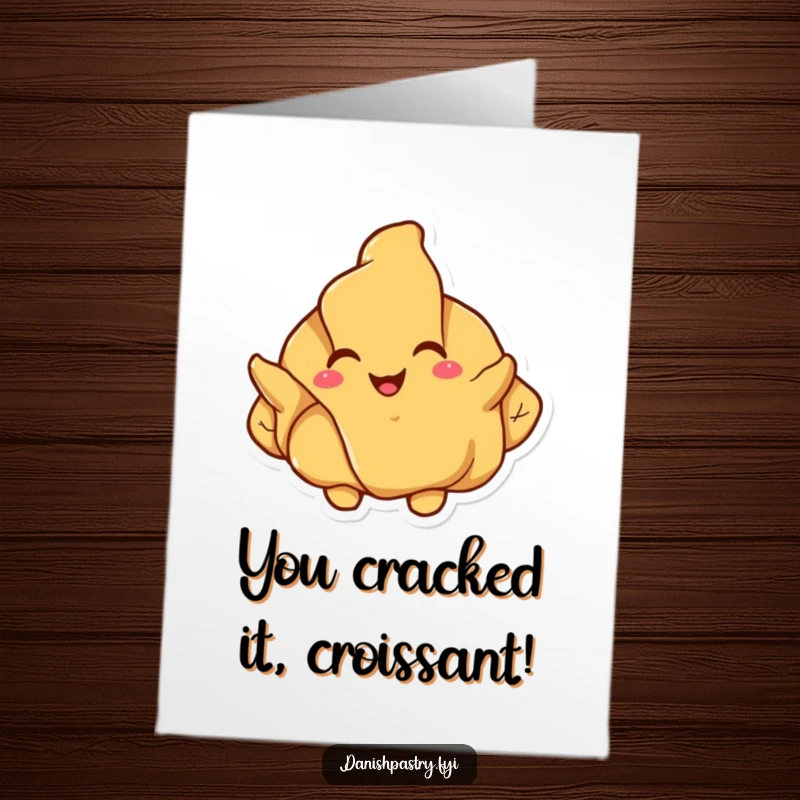 Funny Free Printable Congratulations Card: Cheerful croissant character joyfully unfurling its flaky layers, celebrating success with joy.