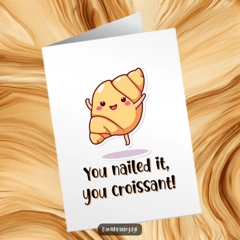 Funny free printable congratulations card featuring a happy croissant performing a cartwheel, full of energetic success.