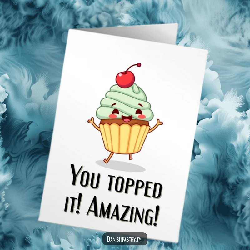 Funny free printable congratulations card featuring a gleeful cupcake with a cherry, dancing happily to celebrate.