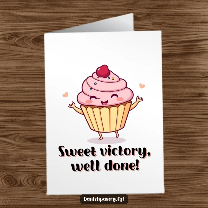 Funny free printable congratulations card showing a giggling cupcake dancing with delight, celebrating sweet victories.