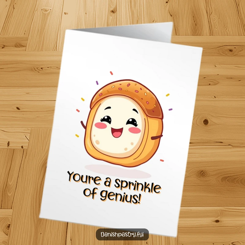Funny Free Printable Congratulations Card: Energetic Danish pastry character wiggling with flying sprinkles, celebrating achievements with glee.