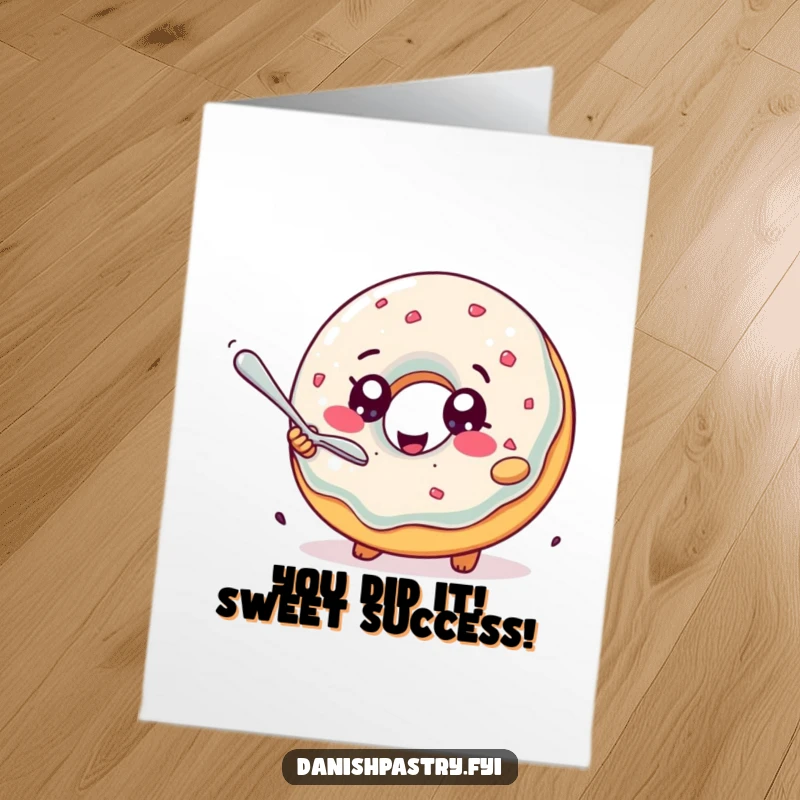 Funny Free Printable Congratulations Card showing a delighted jelly donut with sparkling eyes, enthusiastically chasing a tiny spoon.