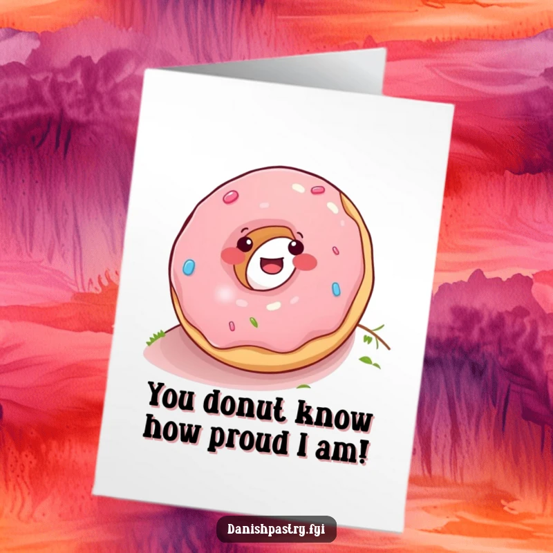 Funny free printable congratulations card showcasing a happy donut rolling downhill, celebrating success with glee.