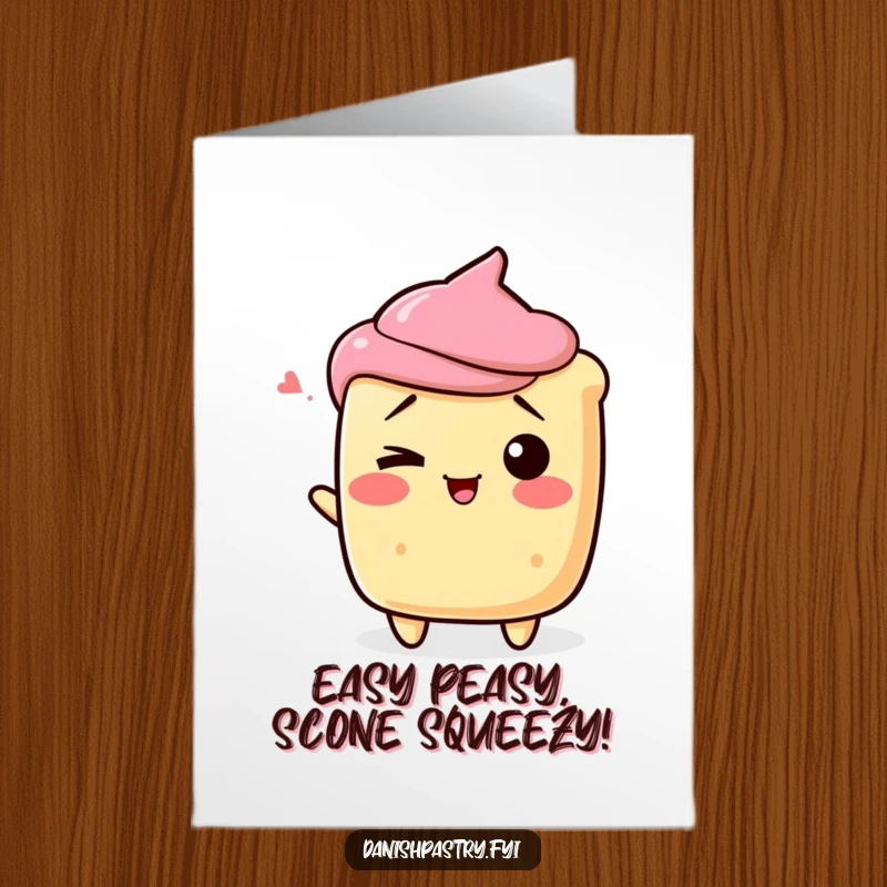 Funny Free Printable Congrats Card: A scone character with a knowing wink and a playful shrug celebrating an achievement.