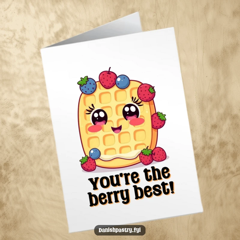 Funny Free Printable Congratulations Card featuring a cheerful waffle with wide eyes juggling small, colorful berries.