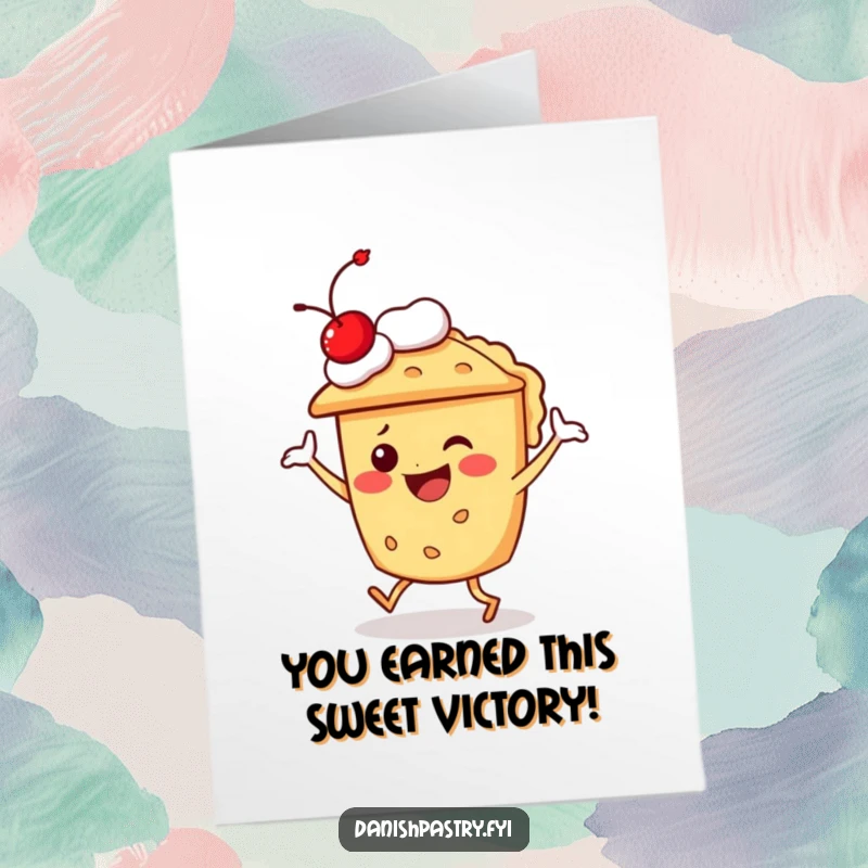 Funny Free Printable Congrats Card: A cheerful pie character with a cherry on top performing a silly, celebratory dance.