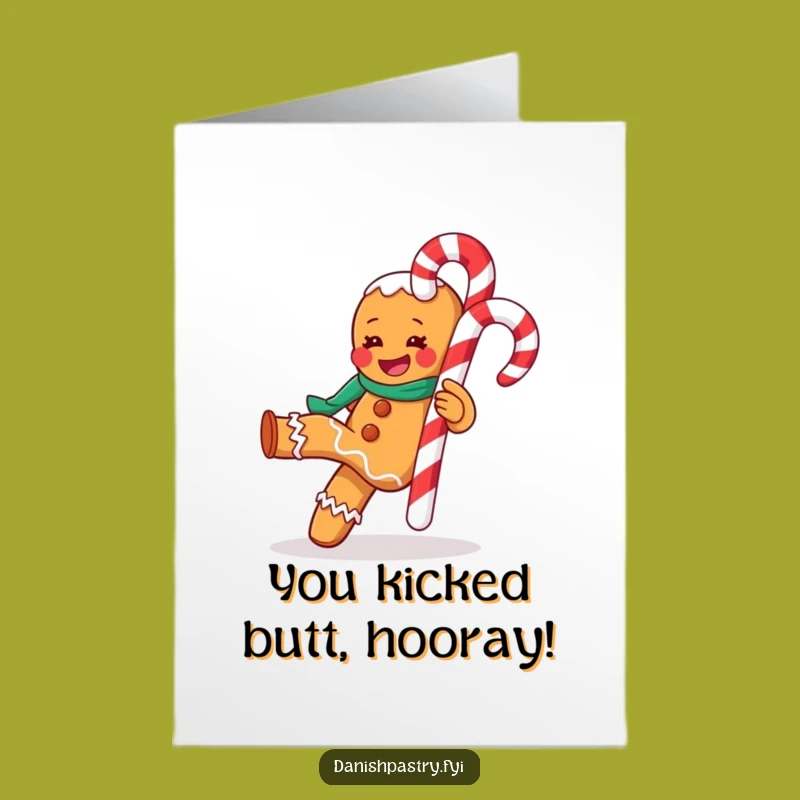 Free Printable Congrats Card: Gingerbread Man's Victory Kick, Humorous Print at Home