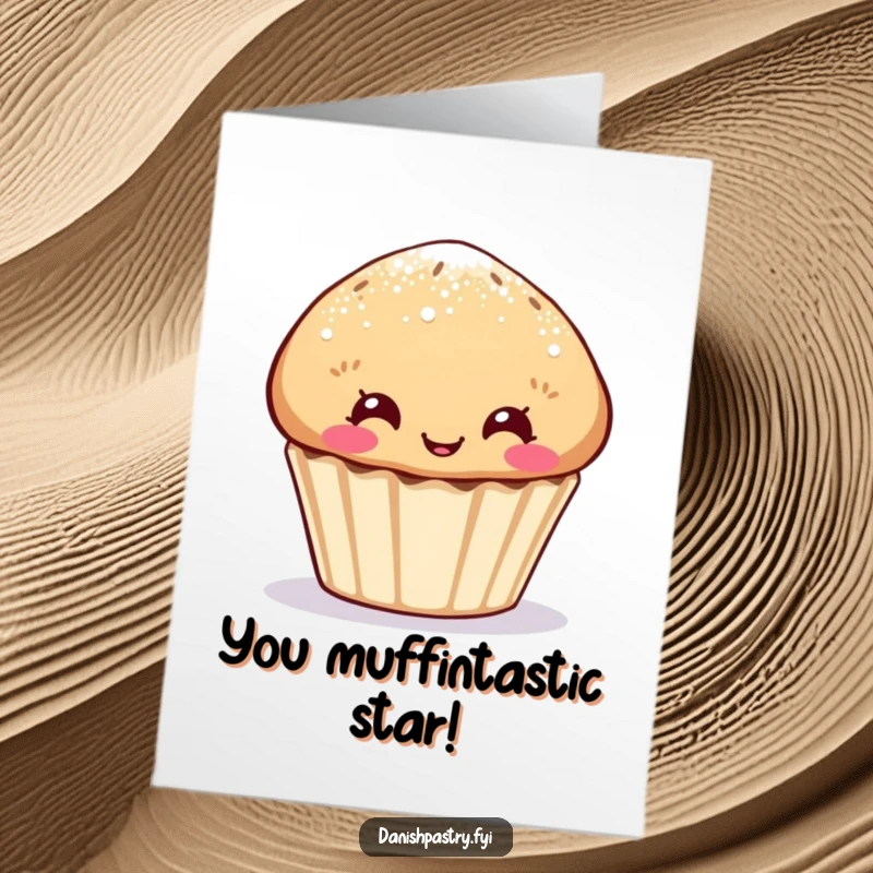 Funny Free Printable Congratulations Card: A sugar-dusted muffin character pulling a hilarious, goofy face, a charming download.