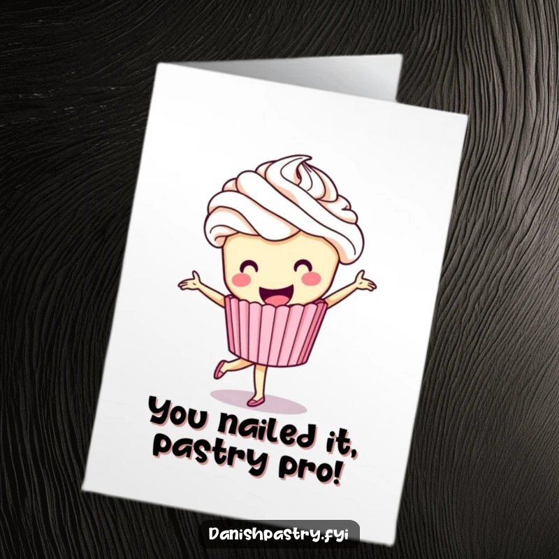 Funny Free Printable Congratulations Card: A smiling cupcake with frosting hair performing a triumphant pirouette.