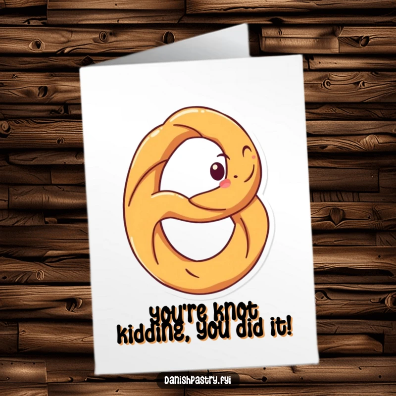 Funny free printable congratulations card featuring a grinning pretzel spinning energetically on its loops, celebrating success.