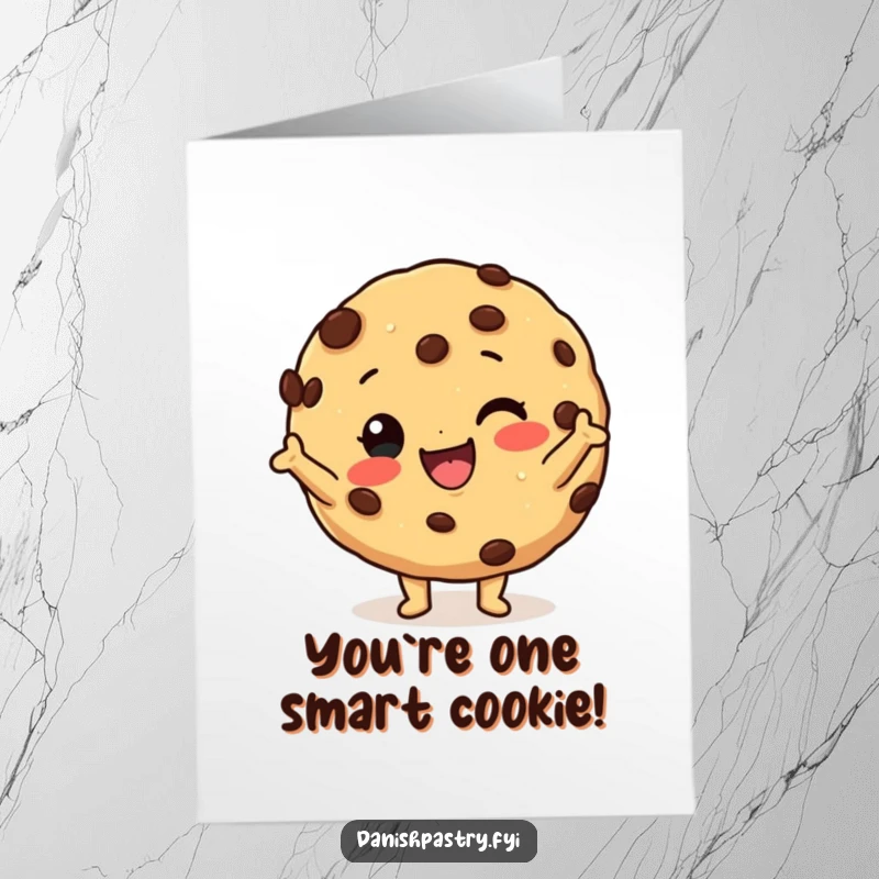 Funny free printable congratulations card of a happy cookie with chocolate chips doing a silly pose, celebrating success.