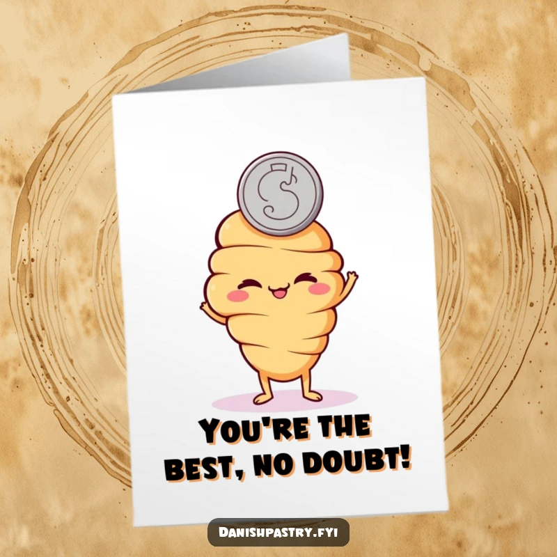 Free Printable Congratulations Card with a mischievous croissant character flipping a coin, ideal for a daring DIY celebration.