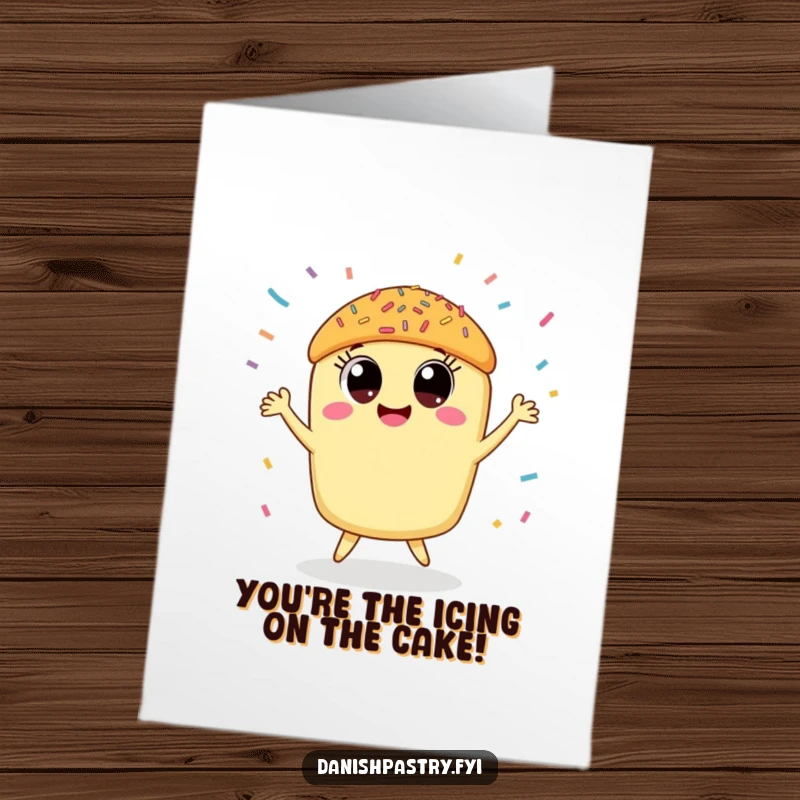 Funny Free Printable Congratulations Card: A smiling pastry with big eyes happily dancing amidst a delightful rain of colorful sprinkles.