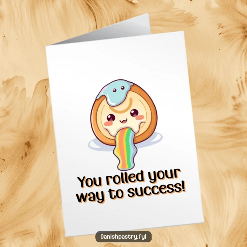 Funny free printable congratulations card of a cheerful cinnamon roll with icing sliding down a rainbow, symbolizing dreams.
