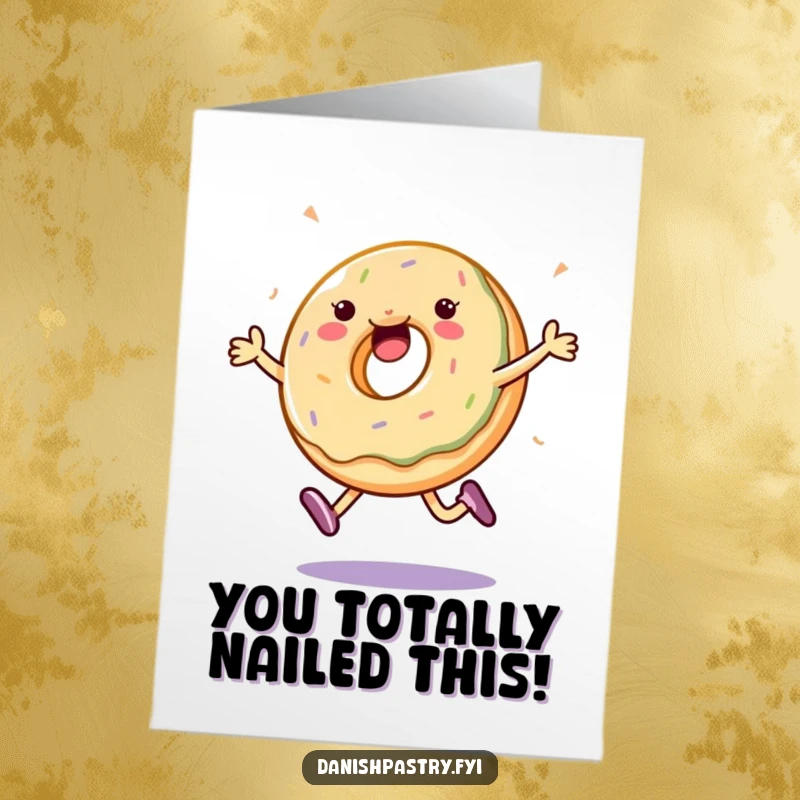 Funny Free Printable Congratulations Card: A jubilant jelly donut leaps high, leaving a trail of sprinkles for your celebration.