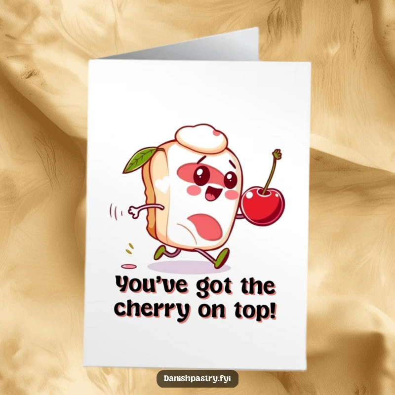 Funny Free Printable Congratulations Card: Danish pastry character comically scrambling after a rogue rolling cherry, a delightful download.
