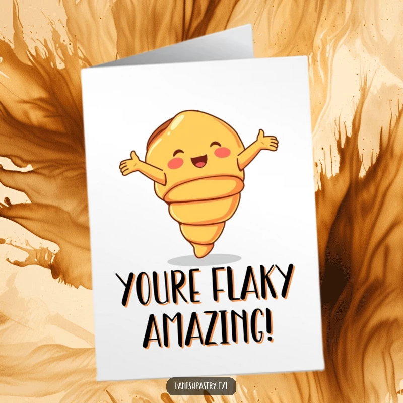 Funny Free Printable Congratulations Card: A smiling croissant performs a joyful cartwheel, celebrating an achievement with enthusiasm.
