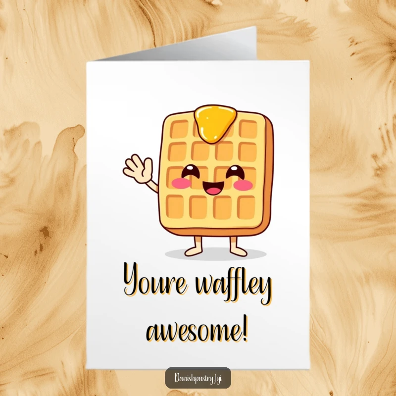 Funny Free Printable Congratulations Card showing a happy waffle with syrup, waving enthusiastically to celebrate.