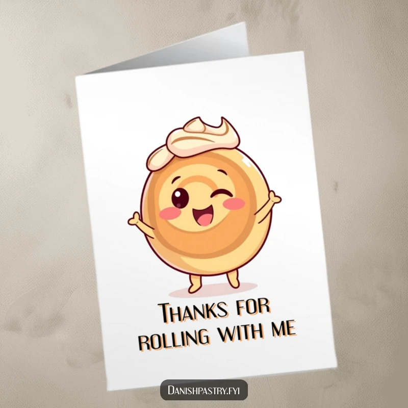 Funny Free Printable Thank You Card: Joyful cinnamon roll doing a happy dance with dynamic icing swirls, expressing thanks.