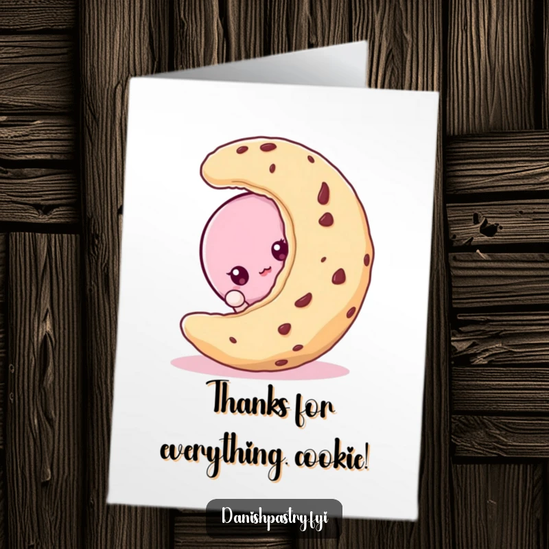 Funny Free Printable Thank You Card: A cute macaroon character peeking from behind a large cookie, offering a sweet thank you.