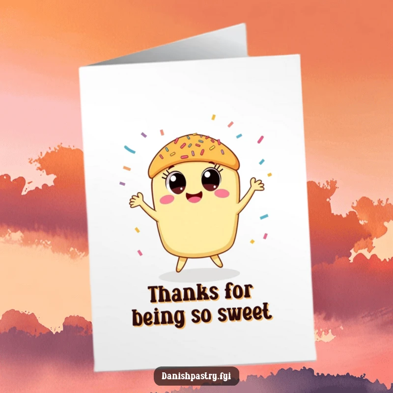 Funny Free Printable Thank You Card: A smiling pastry with big eyes doing a happy dance, with sprinkles raining down in gratitude.