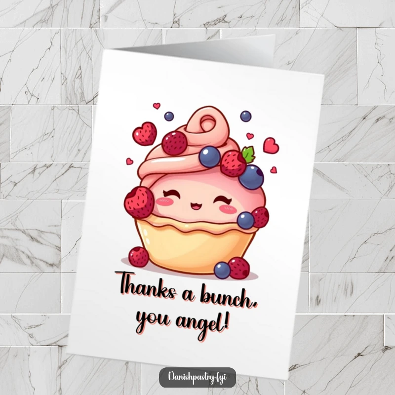 Funny Free Printable Thank You Card: Blushing Pastry Juggling Berries, Sweet Appreciation Downloadable Art