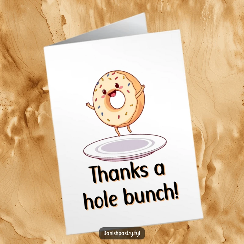 Funny Free Printable Thank You Card: A cheerful donut with sprinkles does a cartwheel on a plate, saying thanks.