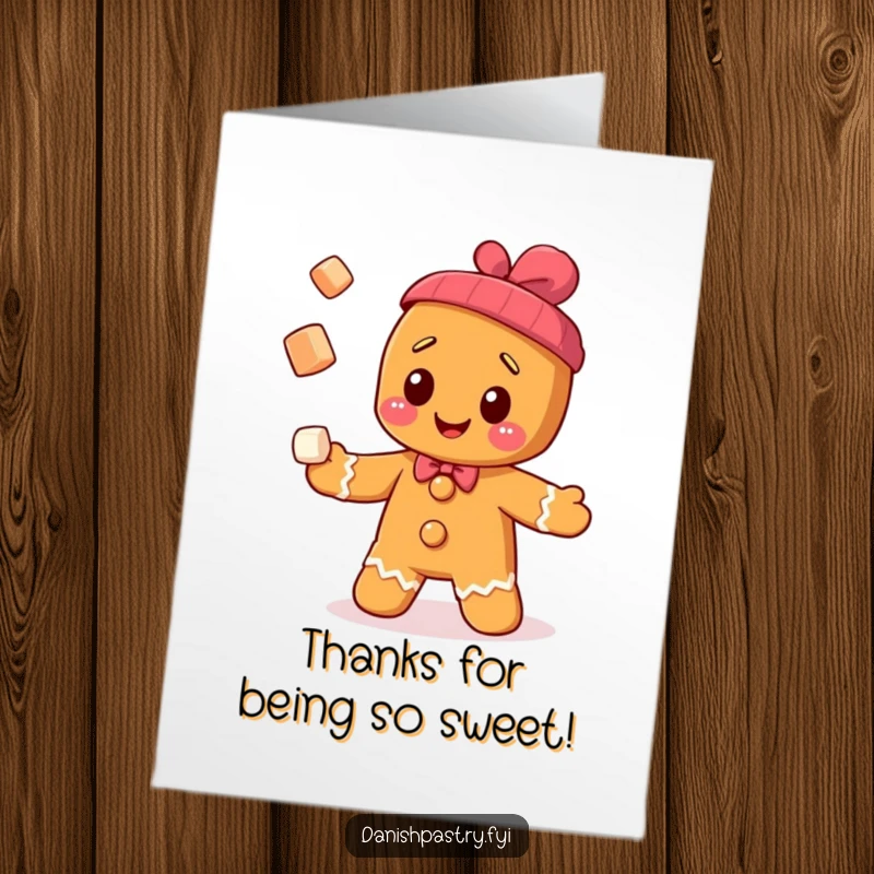 Funny free printable thank you card depicting a talented gingerbread man juggling sugar cubes gracefully.