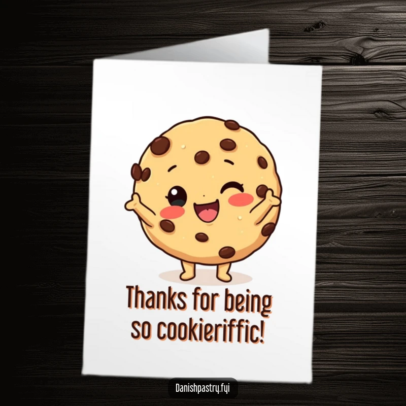 Funny free printable thank you card of a happy cookie with chocolate chips doing a silly pose, offering thanks.