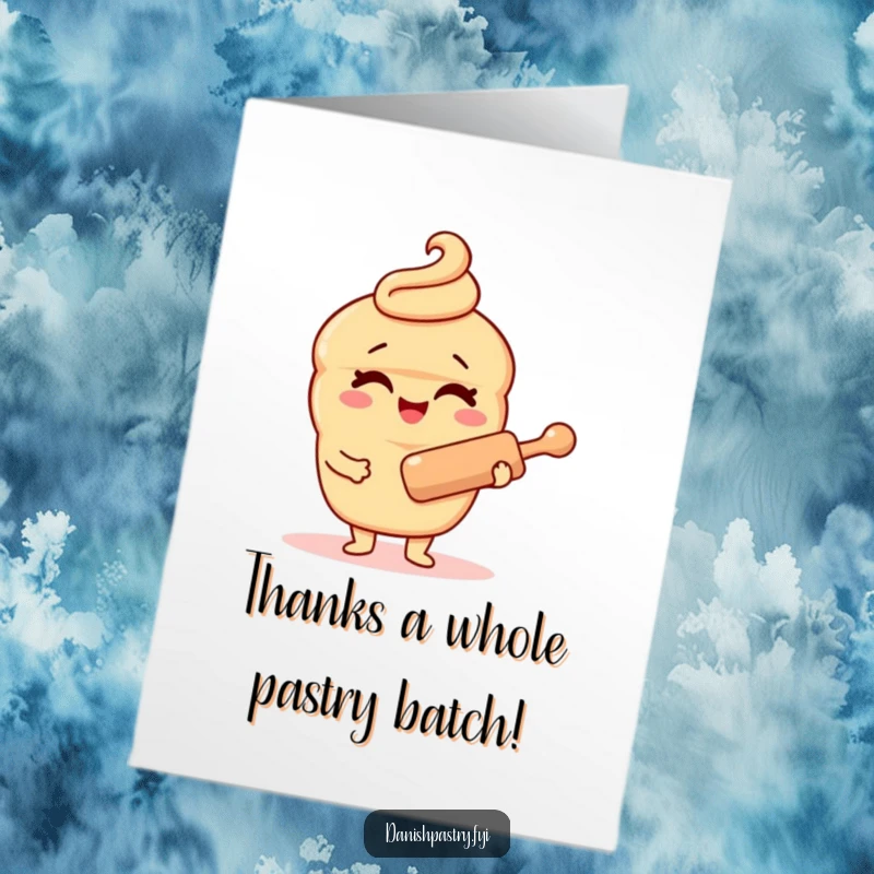 Funny Free Printable Thank You Card displaying a winking Danish pastry holding a rolling pin, perfect for showing appreciation with humor.