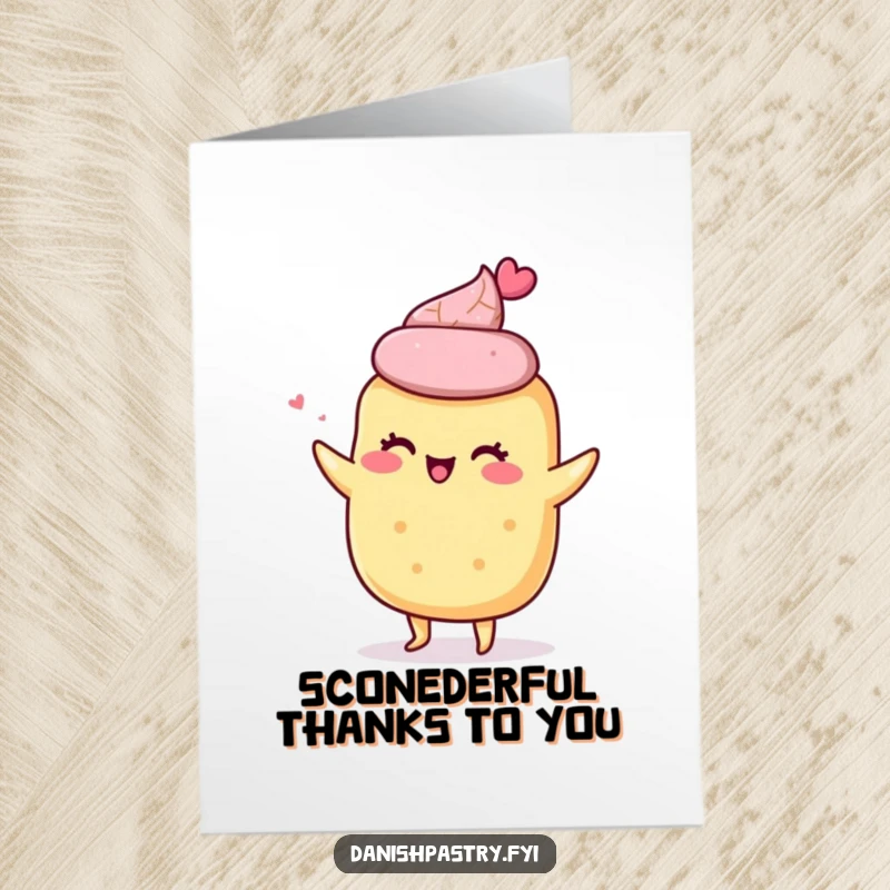 Funny Free Printable Thank You Card: A giddy scone does a little shimmy, expressing thanks with movement.