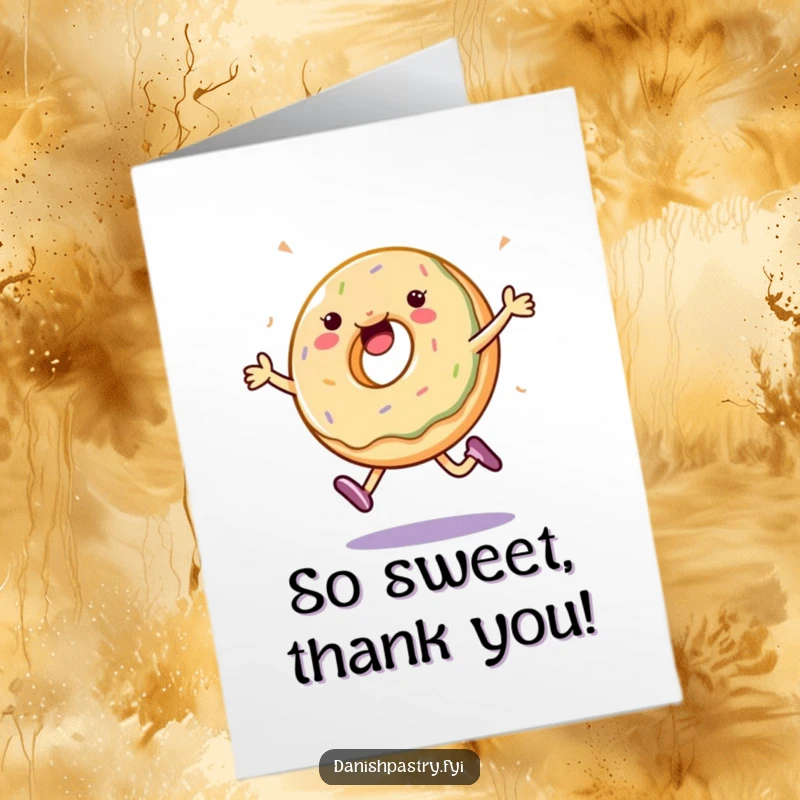 Funny Free Printable Thank You Card: A jubilant jelly donut leaps with joy, leaving a sprinkle trail to say thanks.