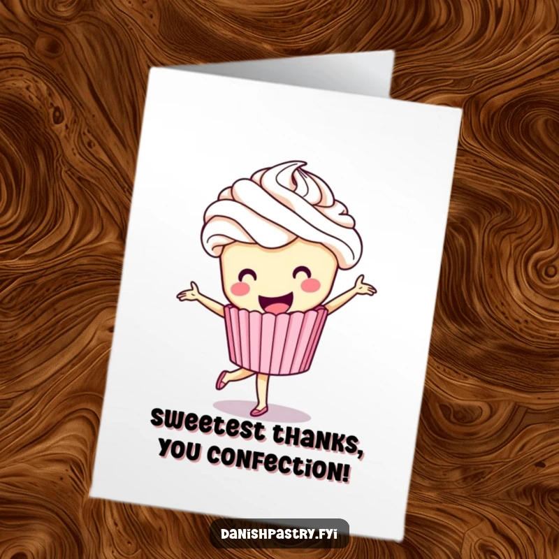 Funny Free Printable Thank You Card: A smiling cupcake with frosting hair doing a graceful pirouette for your thanks.