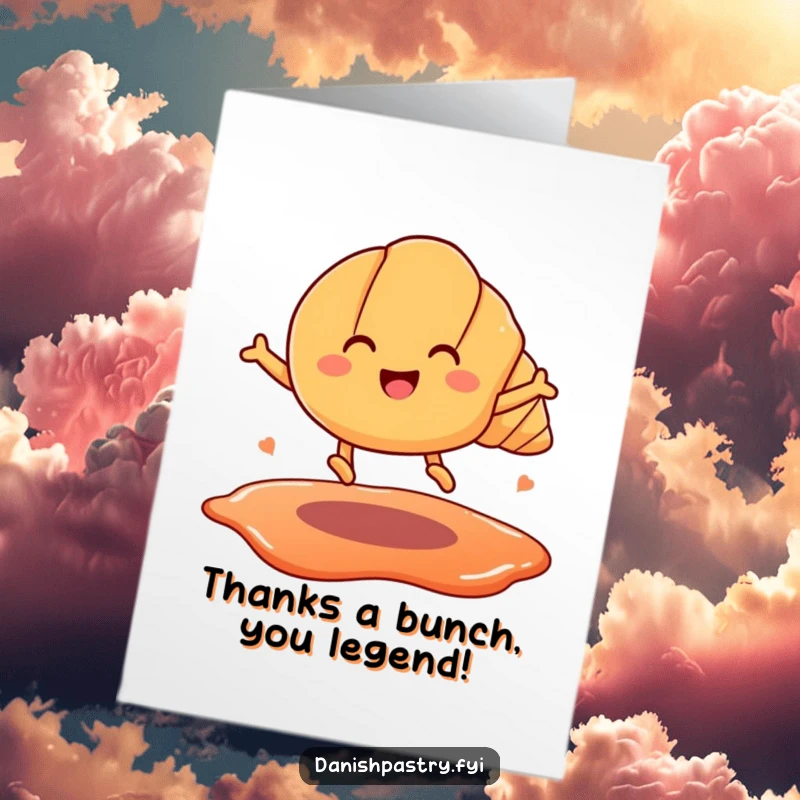 Funny free printable thank you card with a smiling croissant jumping a jam puddle, showing appreciation with humor.