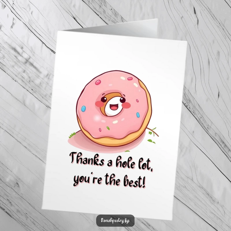 Funny free printable thank you card with a smiling donut rolling down a hill, conveying heartfelt thanks.