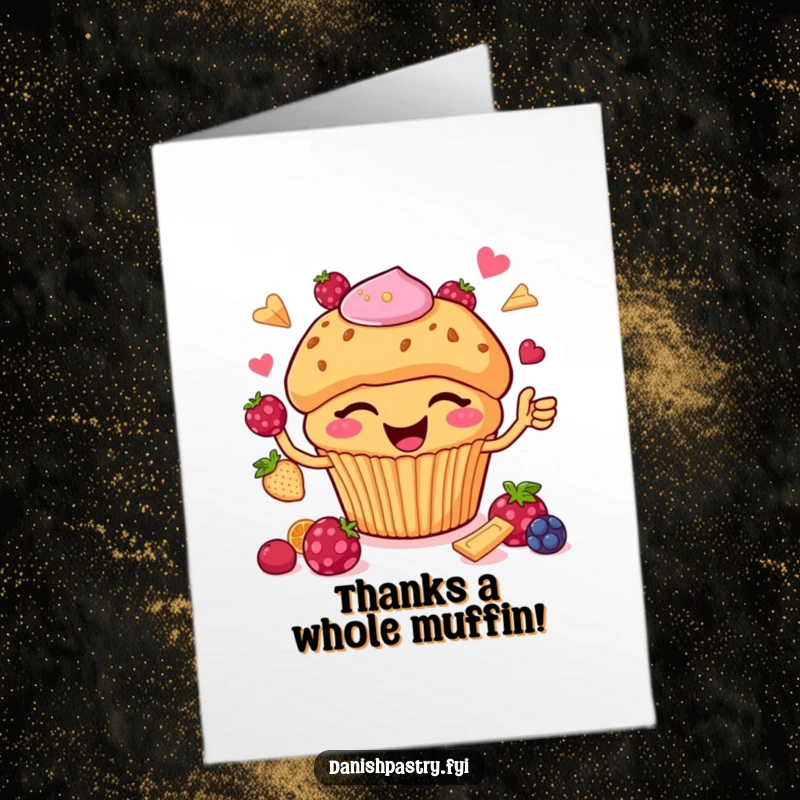 Funny Free Printable Thank You Card: A happy muffin with chips winks while juggling berries, sending thanks.
