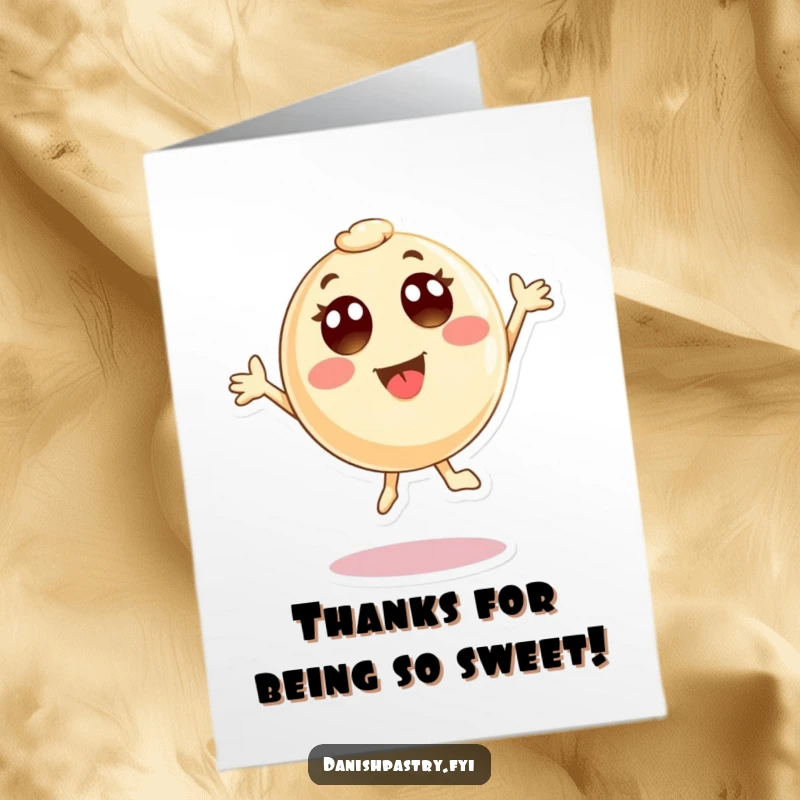 Funny Free Printable Thank You Card featuring a round, happy pastry character jumping with gratitude. Express thanks with a laugh.