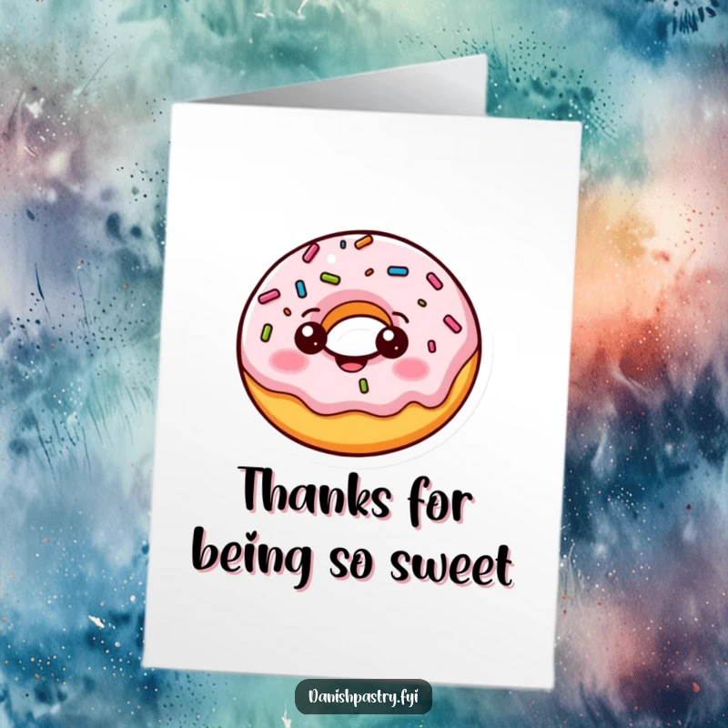 Funny Free Printable Thank You Card: Cheerful donut character bouncing with wobbling sprinkles, expressing thanks and joy.