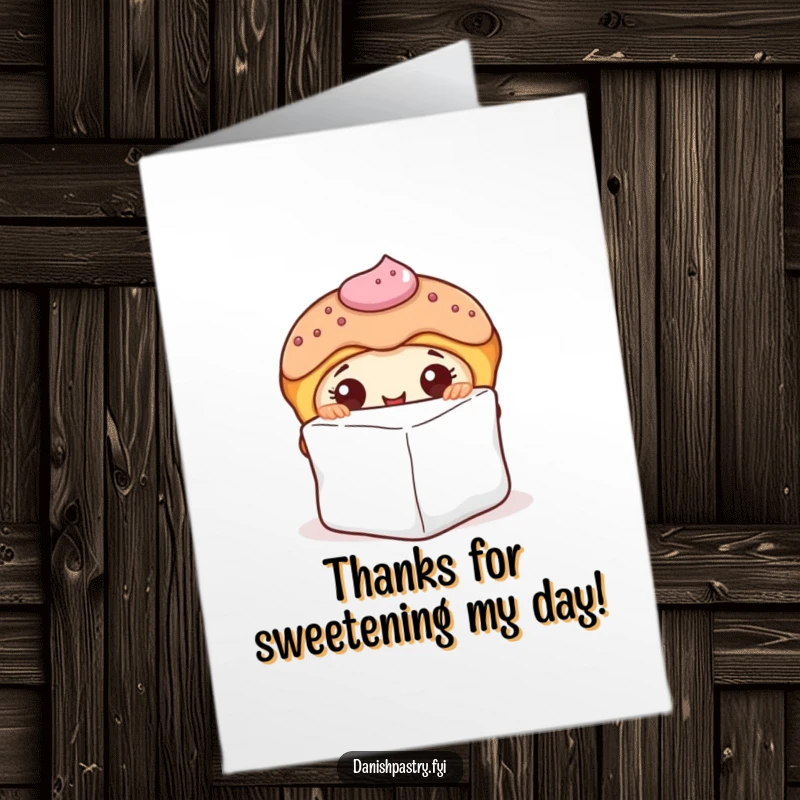 Funny Free Printable Thank You Card: Danish Pastry Peeking Behind Sugar Cube, Sweet & Curious Downloadable Art
