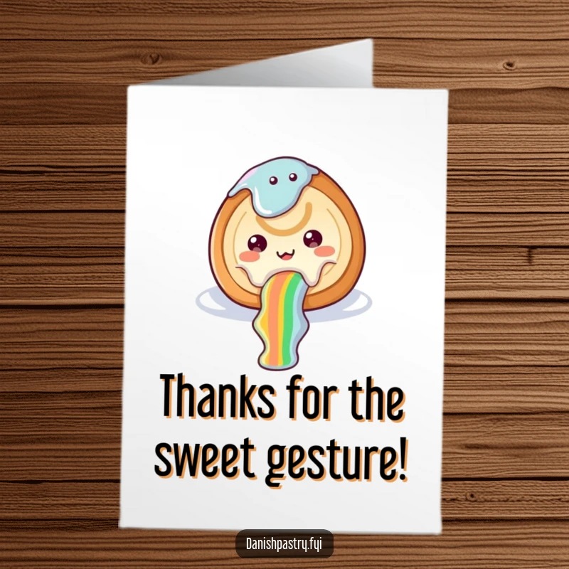 Funny free printable thank you card of a cheerful cinnamon roll with icing sliding down a rainbow, offering thanks.