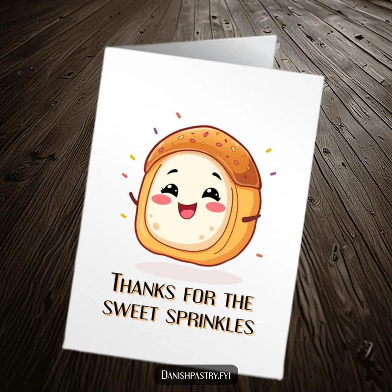 Funny Free Printable Thank You Card: Grinning Danish pastry character wiggling energetically, sprinkles flying, expressing thanks with joy.